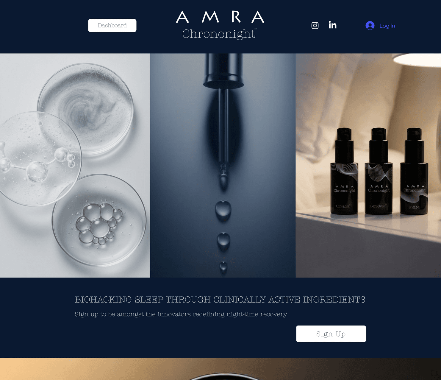 The Amra Chrononight home page, with the Chrononight serums under a navy header