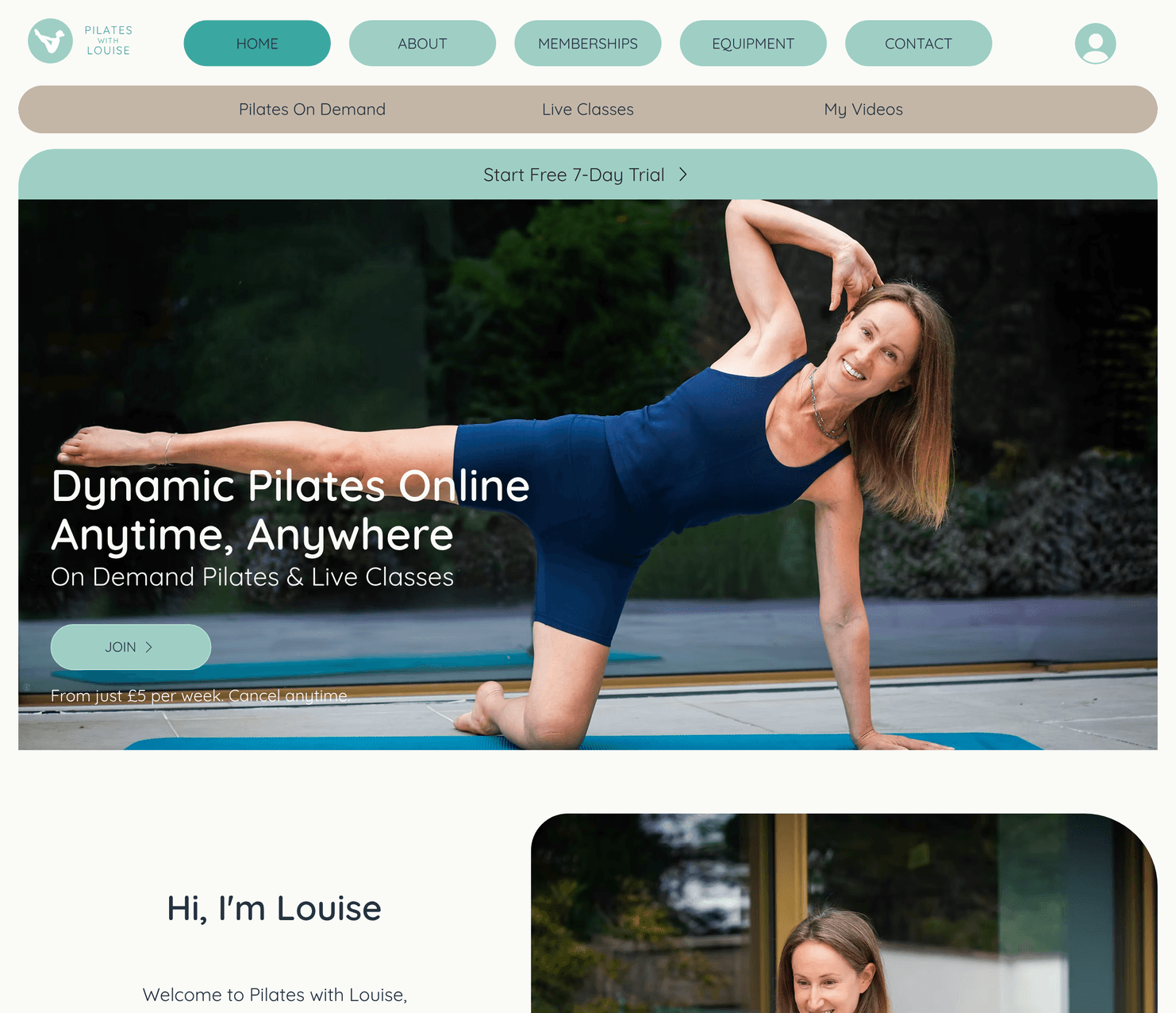 The Pilates with Louise home page: “Dynamic Pilates online, anytime, anywhere”
